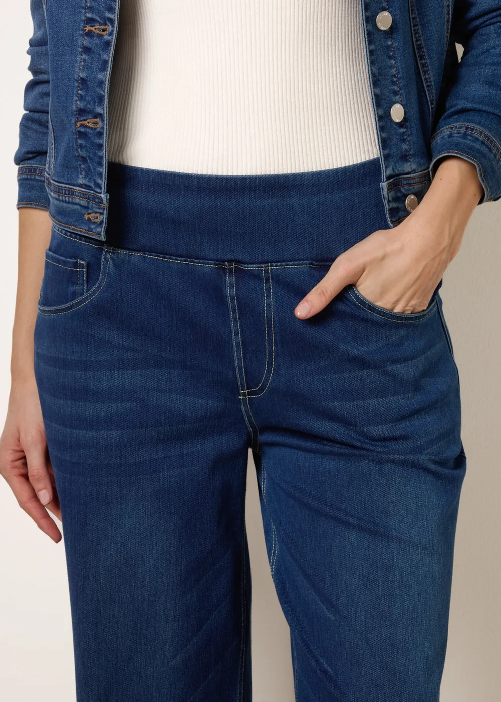 Blue Vanilla Navy Multi Stretch Deep Waistband Trousers - L Image 3