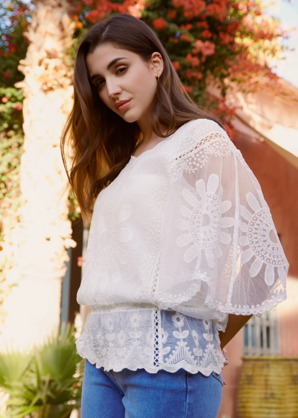 Blue Vanilla Ivory Sun Flower Lace Sleeve Blouse - M/L Image 2