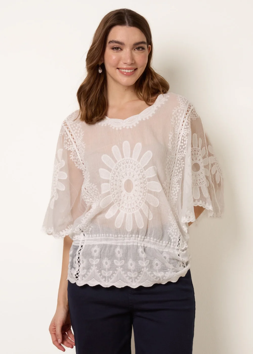 Blue Vanilla Ivory Sun Flower Lace Sleeve Blouse - S/M Image 2