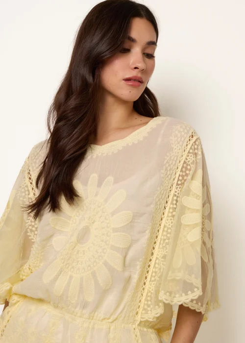 Blue Vanilla Yellow Sun Flower Lace Sleeve Blouse - S/M Image 3
