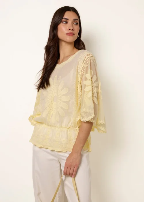 Blue Vanilla Yellow Sun Flower Lace Sleeve Blouse - S/M Image 2