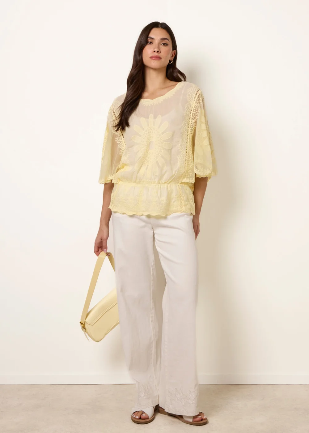 Blue Vanilla Yellow Sun Flower Lace Sleeve Blouse - S/M Image 1