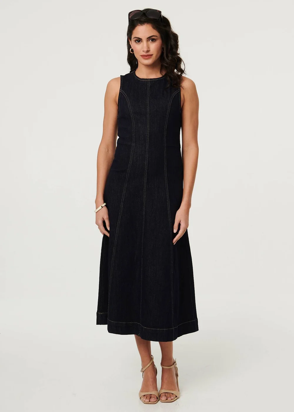 Izabel London Navy Denim Stitch Detail Fitted Midi Dress - S Image 1