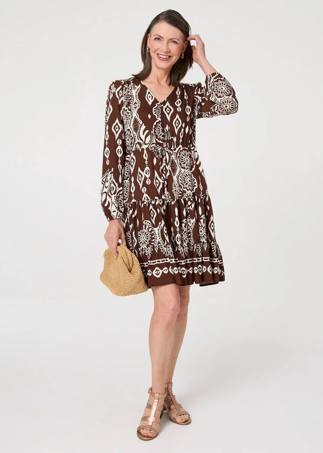 Izabel London Brown Printed Tiered V-Neck Knee Length Dress