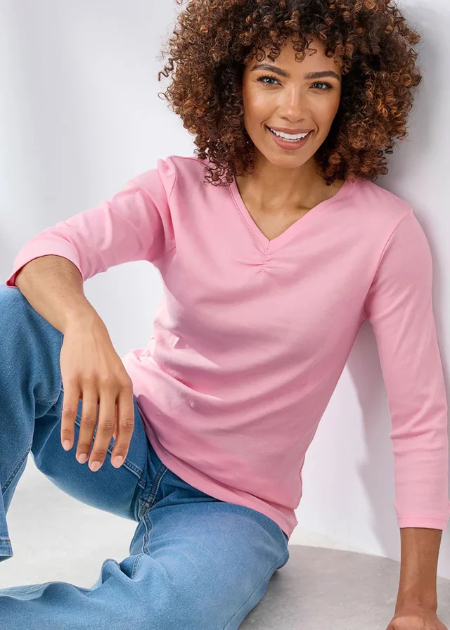 Cotton Traders Sugar Pink Wrinkle Free 3/4 Sleeve V Neck Ruched Top