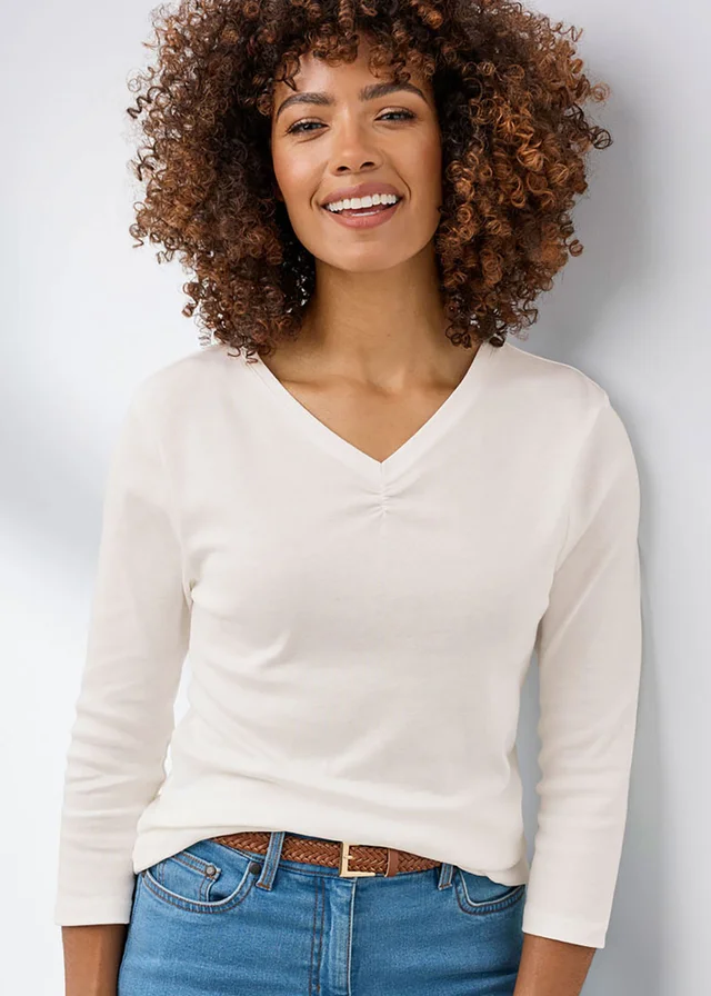 Cotton Traders Ivory Wrinkle Free 3/4 Sleeve V Neck Ruched Top