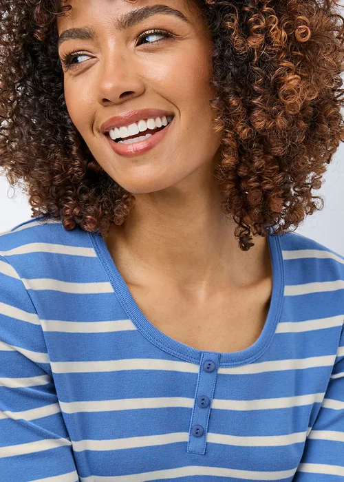 Cotton Traders French Blue Wrinkle Free 3/4 Sleeve Button Detail Stripe Top - 8 Image 3