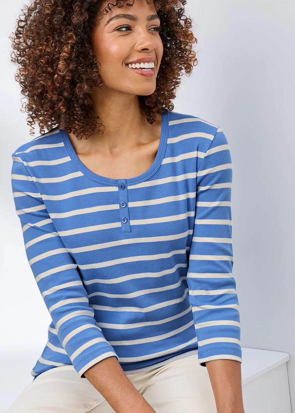 Cotton Traders French Blue Wrinkle Free 3/4 Sleeve Button Detail Stripe Top - 8 Image 1