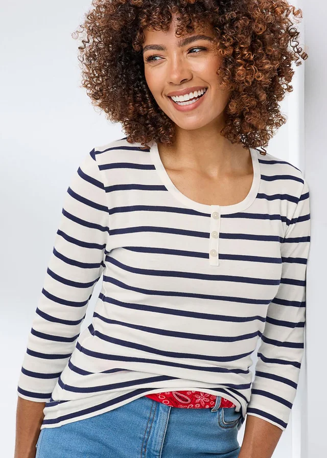 Cotton Traders Ivory Wrinkle Free 3/4 Sleeve Button Detail Stripe Top