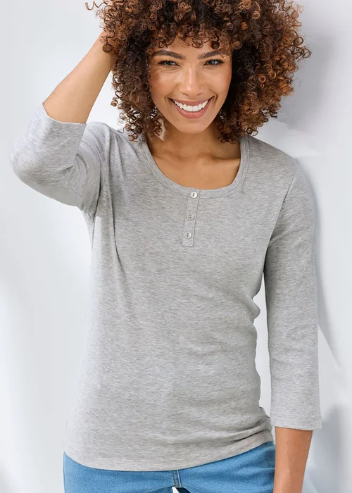Cotton Traders Misty Grey Wrinkle Free 3/4 Sleeve Button Detail Top - 24 Image 2