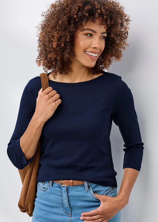 Cotton Traders Navy Wrinkle Free Boat Neck Top
