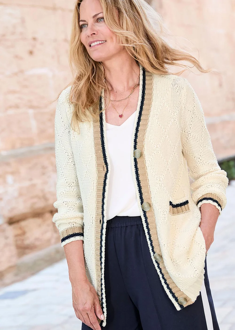 Cotton Traders Cream Longline Contrast Trim Cardigan - 10 Image 1