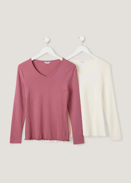 Cotton Traders Multi 2 Pack Long Sleeve Pointelle V Neck Tops - 24 Image 2