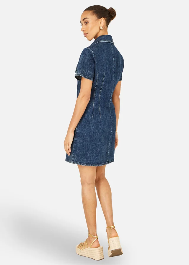 Yumi Blue Denim Stretch Shirt Dress With Pocket Details