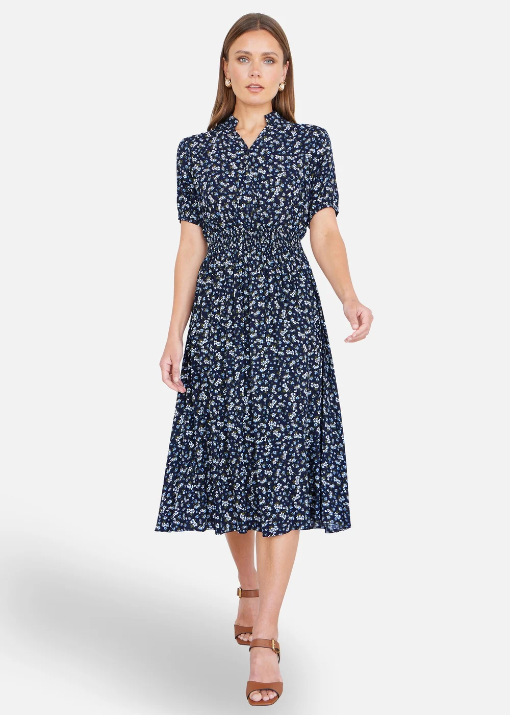 Yumi Navy Ditsy Floral Midi Shirt Dress With Ruched Waist - 10 Image 2