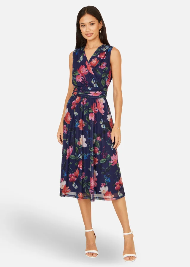 Yumi Navy Blurred Floral Print Mesh Stretch Midi Dress With Pockets