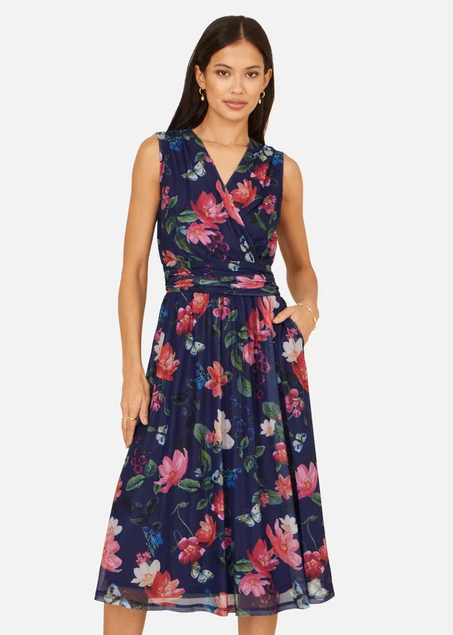 Yumi Navy Blurred Floral Print Mesh Stretch Midi Dress With Pockets