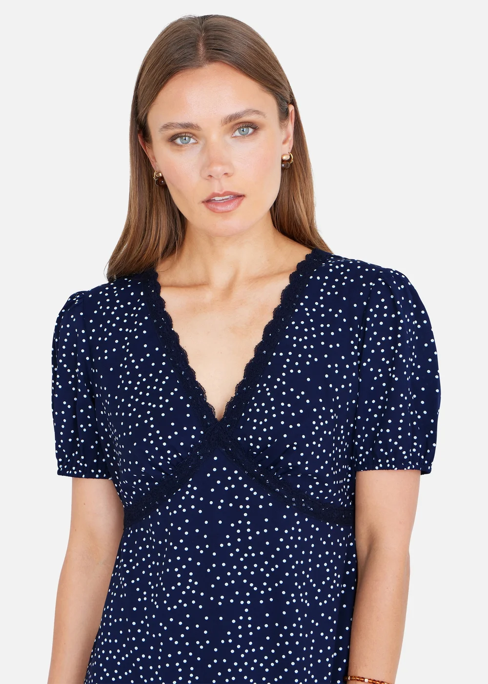 Yumi Navy Spot Print Lace Trim Skater Dress - 12 Image 3