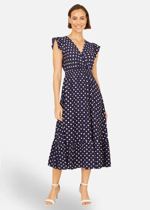 Yumi Navy Spot Ruched Waist Midi Dress - 10 Image 2