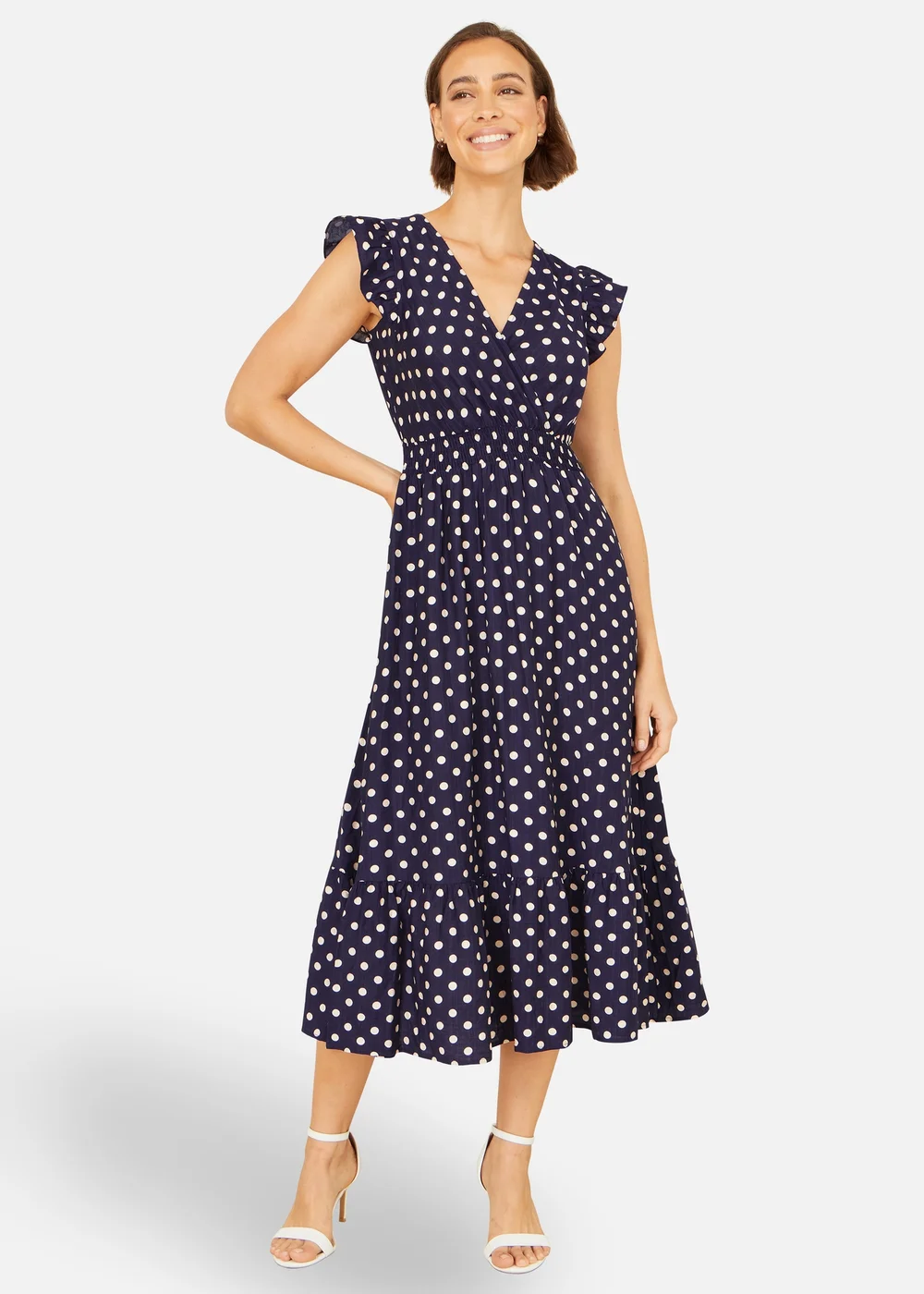 Yumi Navy Spot Ruched Waist Midi Dress - 10 Image 3