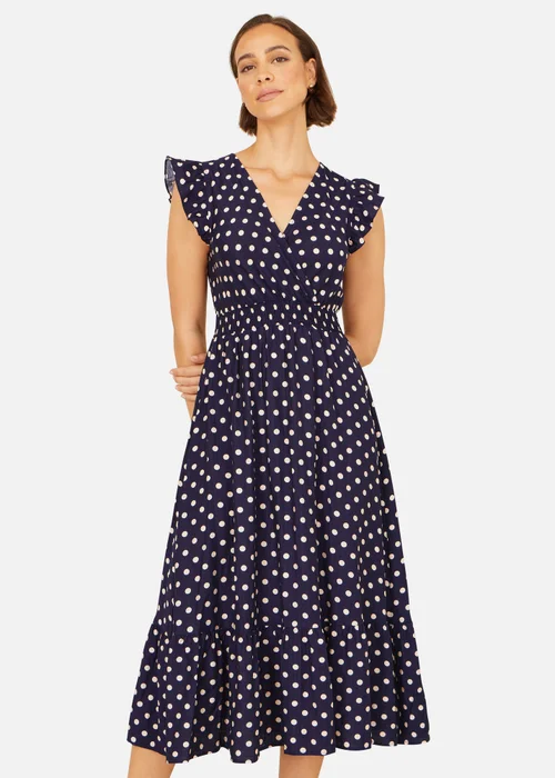 Yumi Navy Spot Ruched Waist Midi Dress - 10 Image 1