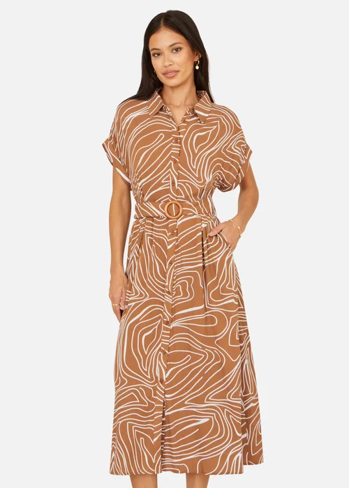 Yumi Brown Abstract Swirl Print Relaxed Midi Shirt Dress With Belt - 12 Image 3