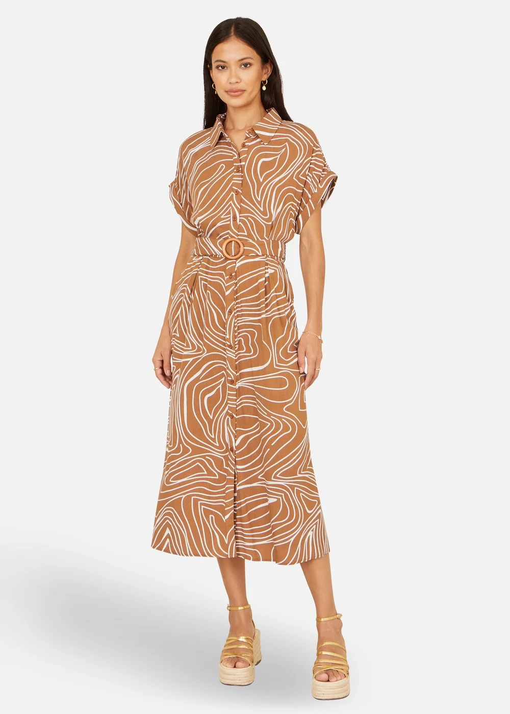 Yumi Brown Abstract Swirl Print Relaxed Midi Shirt Dress With Belt - 12 Image 2