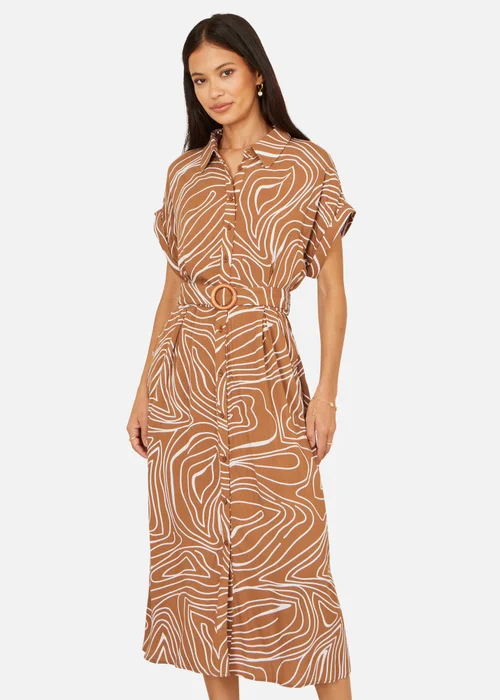 Yumi Brown Abstract Swirl Print Relaxed Midi Shirt Dress With Belt - 12 Image 1