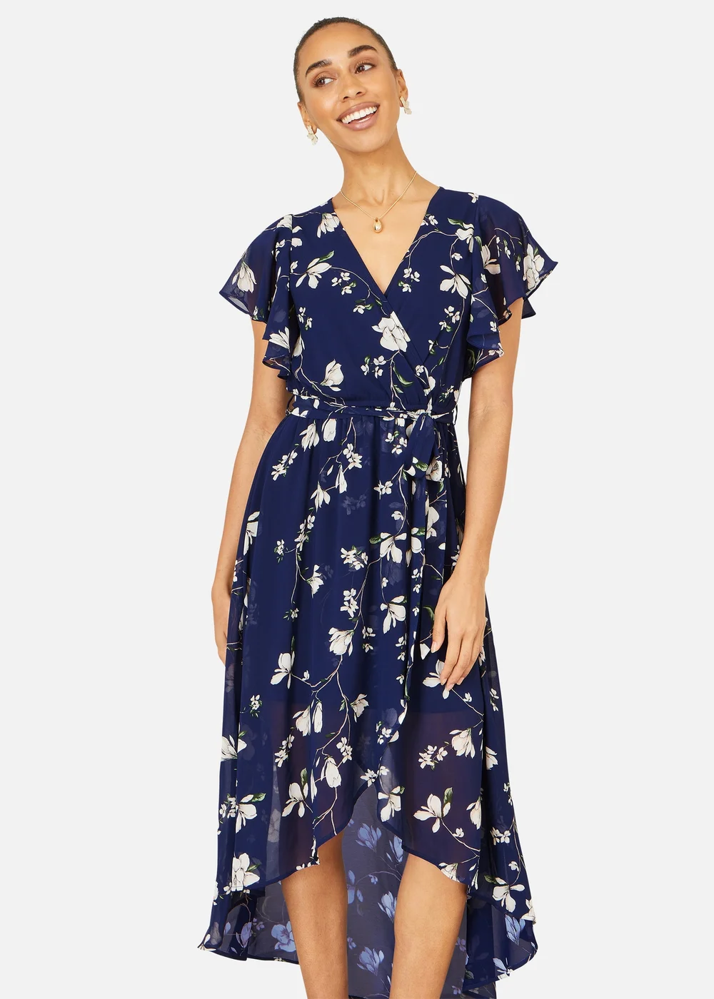 Yumi Navy Floral Wrap Midi Dress With Frill Hem - 16 Image 1