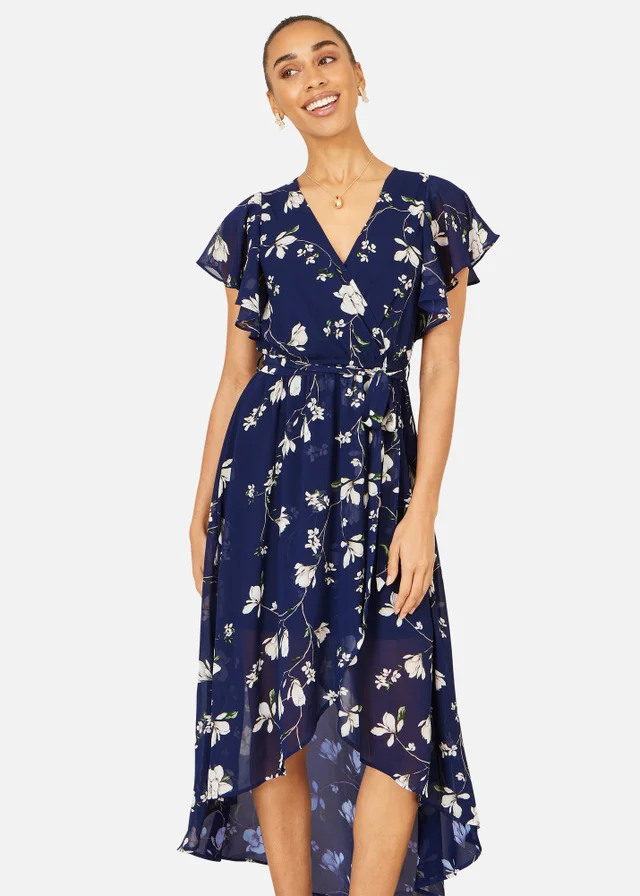 Yumi Navy Floral Wrap Midi Dress With Frill Hem