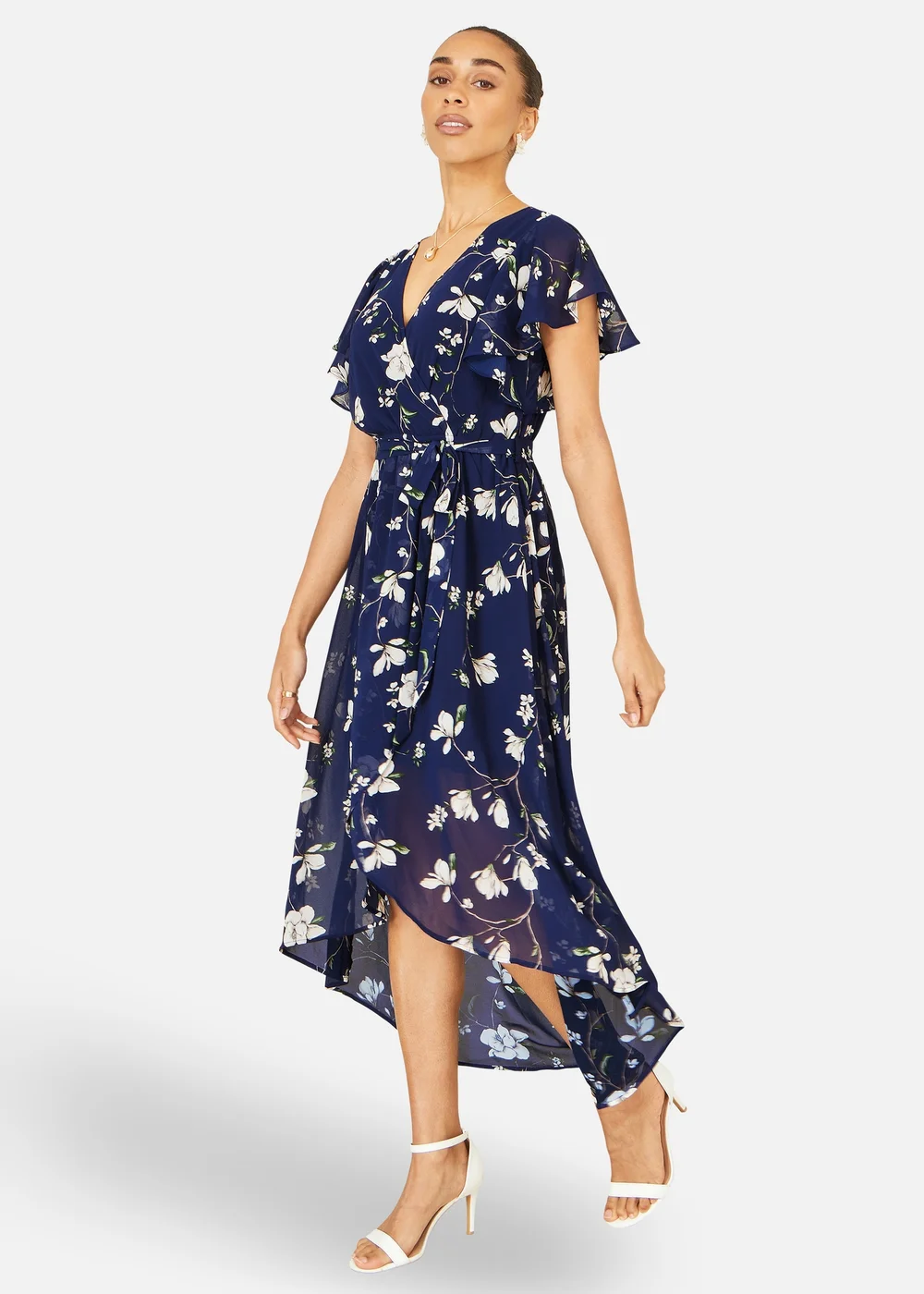 Yumi Navy Floral Wrap Midi Dress With Frill Hem - 16 Image 3