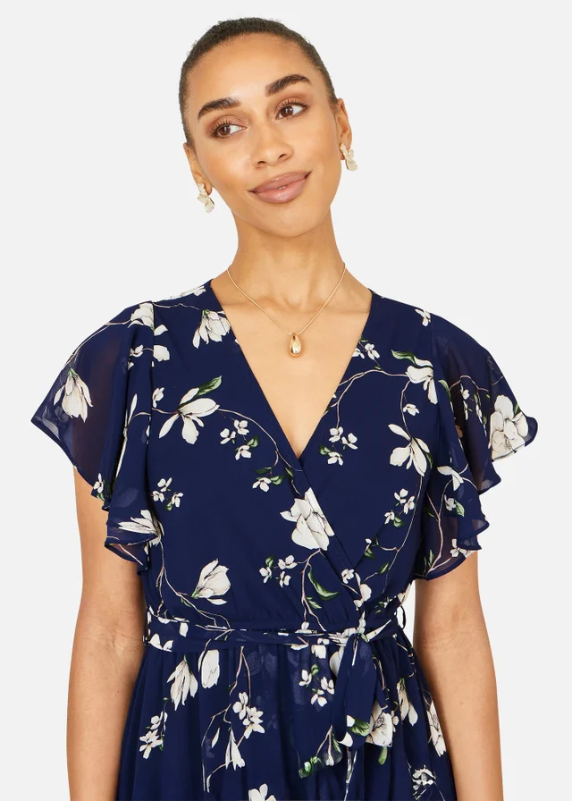 Yumi Navy Floral Wrap Midi Dress With Frill Hem