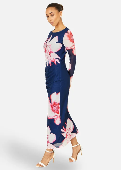 Yumi Navy Floral Placement Long Sleeve Mesh Maxi Dress - 14 Image 3