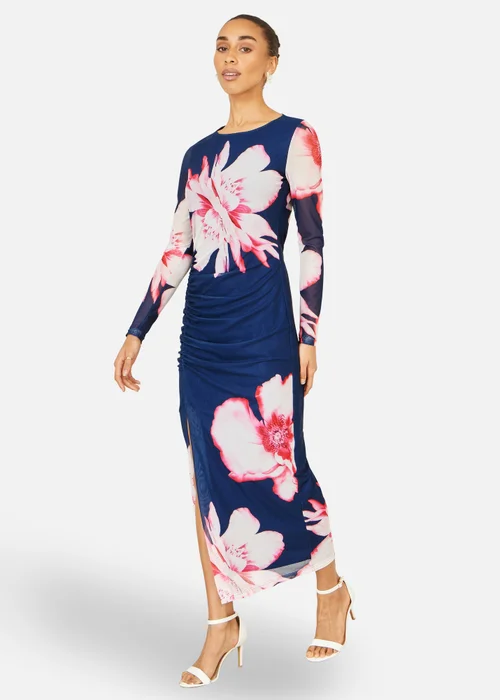 Yumi Navy Floral Placement Long Sleeve Mesh Maxi Dress - 14 Image 1