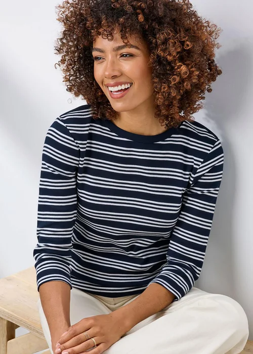 Cotton Traders Navy Wrinkle Free 3/4 Sleeve Boat Neck Stripe Top - 20 Image 1