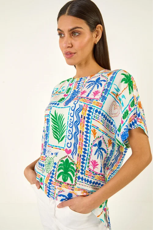 Roman Blue Palm Patchwork Print Tunic Top - 20 Image 1