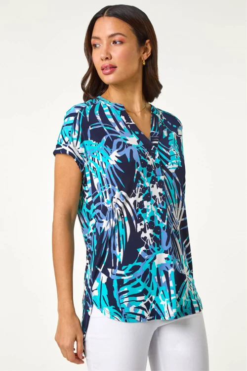 Roman Blue Textured Abstract Print Top - 12 Image 1