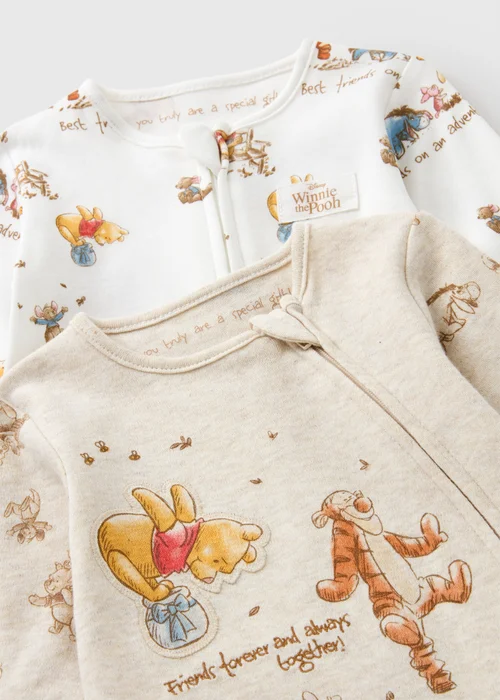 Disney Winnie The Pooh 2 Pack Baby Cream Zip Up Sleepsuits (0-18mths) - First Size Image 2