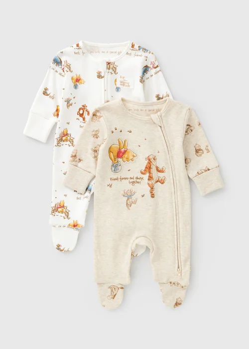 Disney Winnie The Pooh 2 Pack Baby Cream Zip Up Sleepsuits (0-18mths) - First Size Image 1