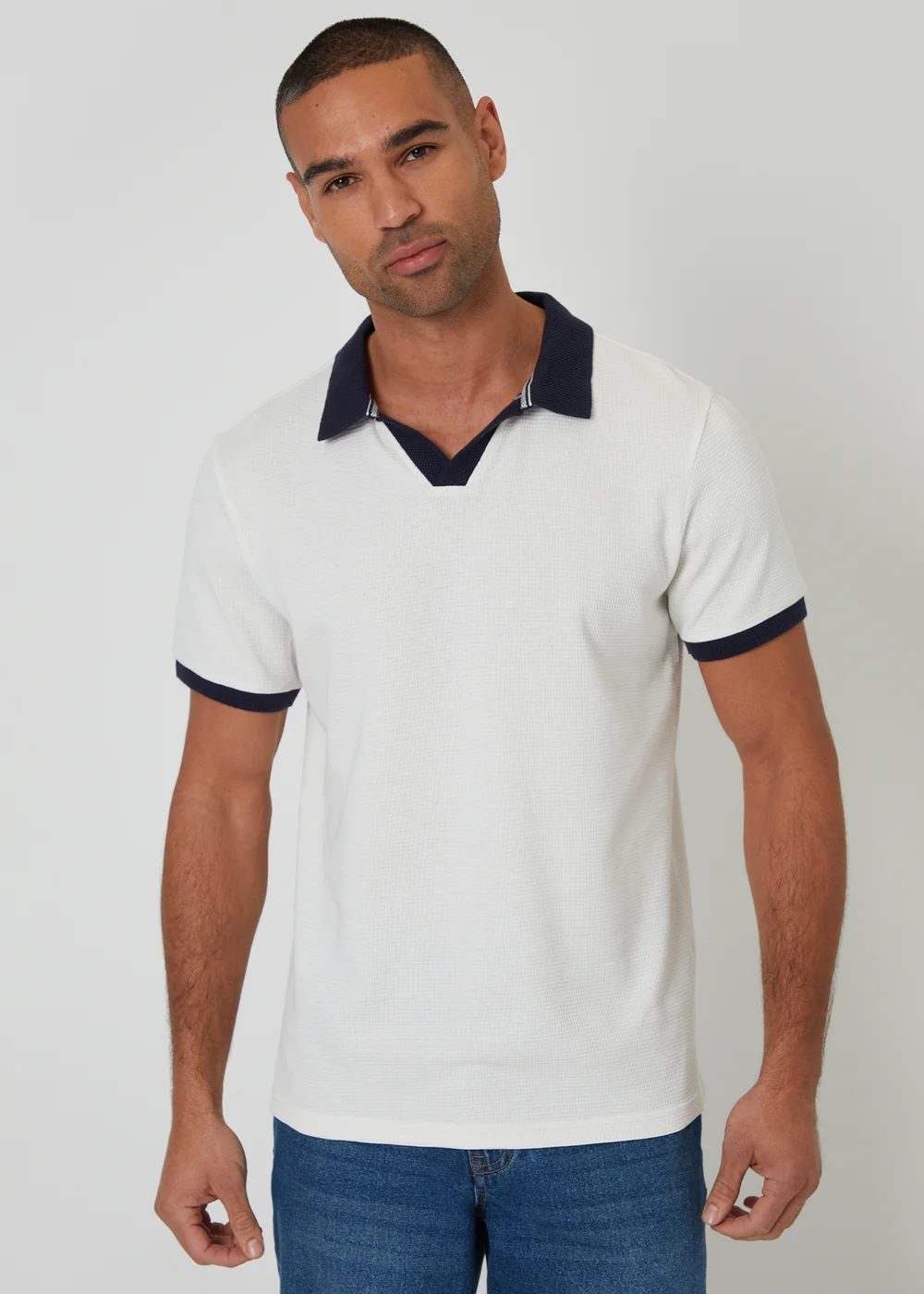 Threadbare White Trophy Neck Waffle Polo Shirt - S Image 1