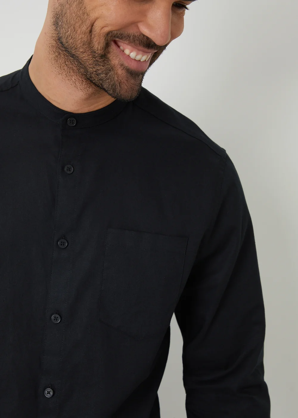 Threadbare Black Linen Blend Long Sleeve Grandad Collar Shirt - S Image 4