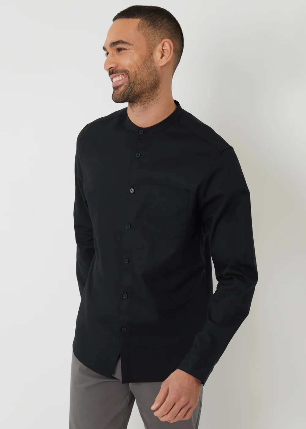 Threadbare Black Linen Blend Long Sleeve Grandad Collar Shirt - S Image 1