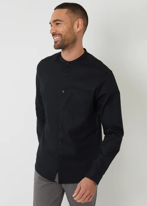 Threadbare Black Linen Blend Long Sleeve Grandad Collar Shirt - S Image 1