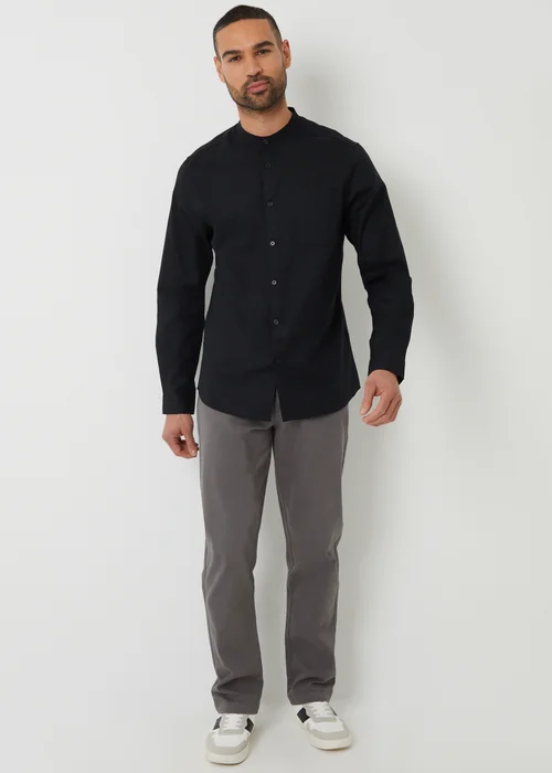 Threadbare Black Linen Blend Long Sleeve Grandad Collar Shirt - S Image 3