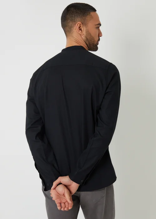 Threadbare Black Linen Blend Long Sleeve Grandad Collar Shirt - S Image 2