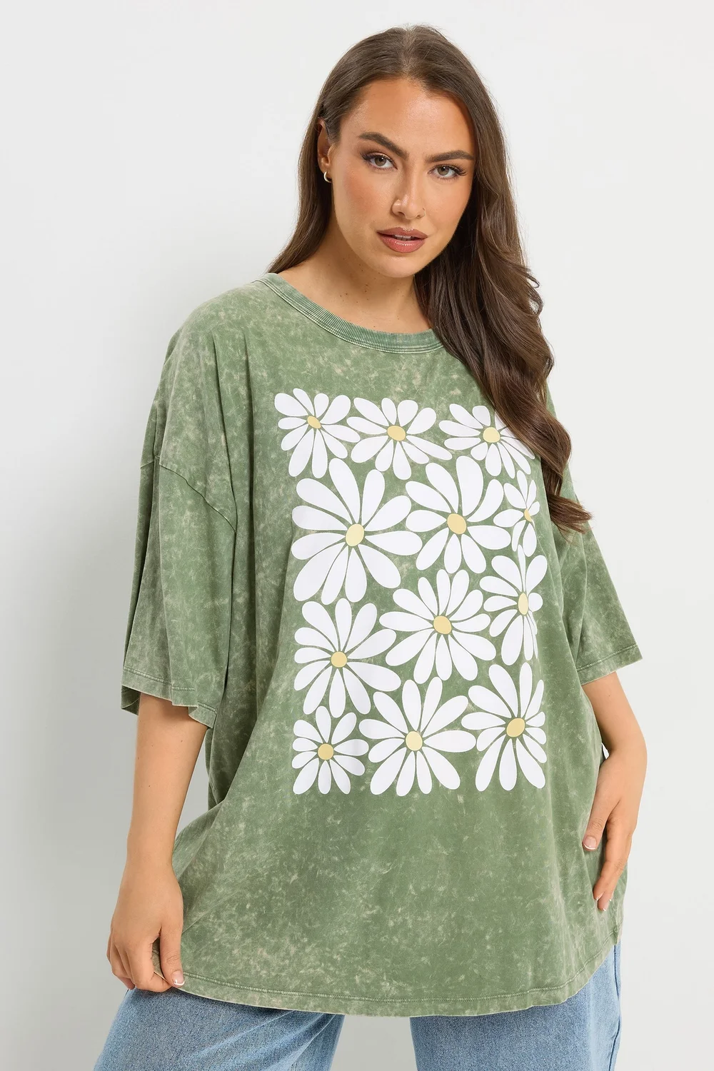 Yours Curve Green Acid Wash Boxy Daisy Print T-Shirt - 22-24 Image 1