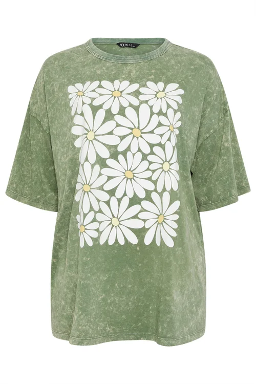 Yours Curve Green Acid Wash Boxy Daisy Print T-Shirt - 22-24 Image 5