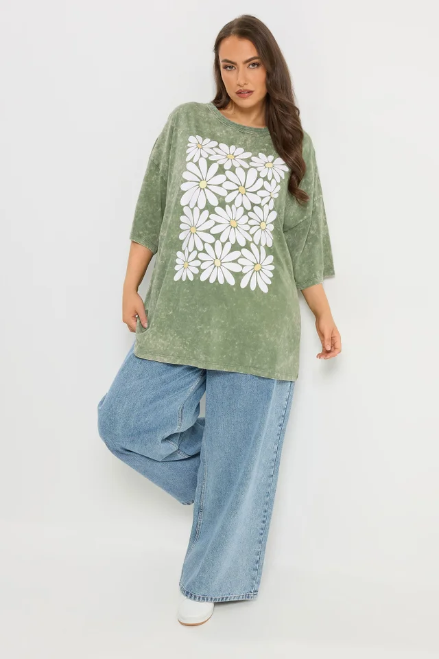 Yours Curve Green Acid Wash Boxy Daisy Print T-Shirt
