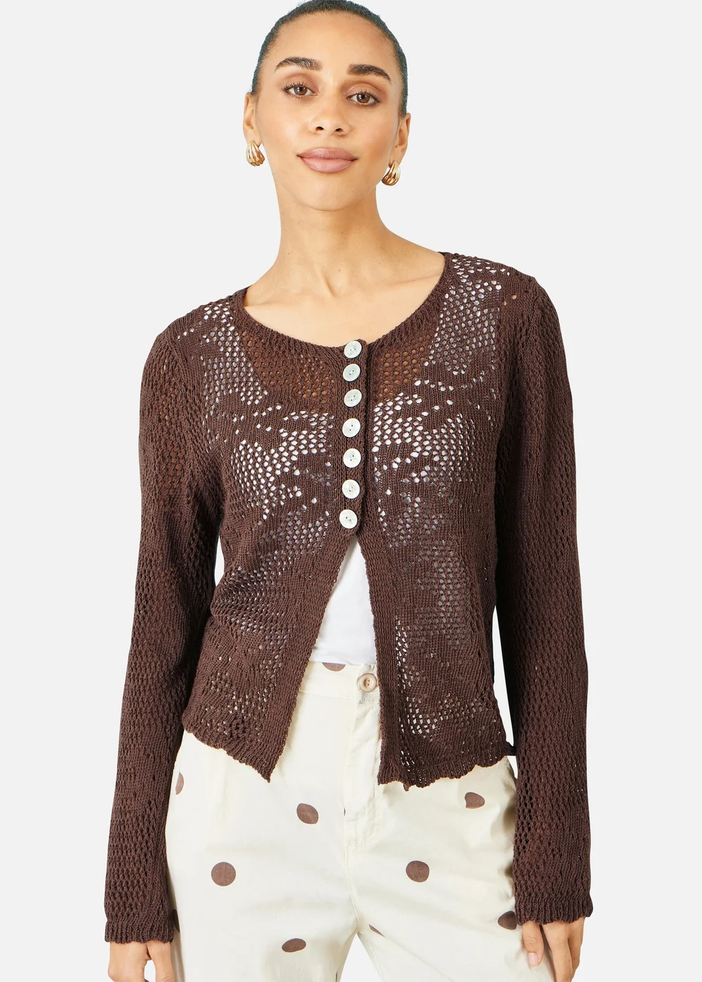 Yumi Brown Flower Crochet Button Up Cardigan - S Image 3