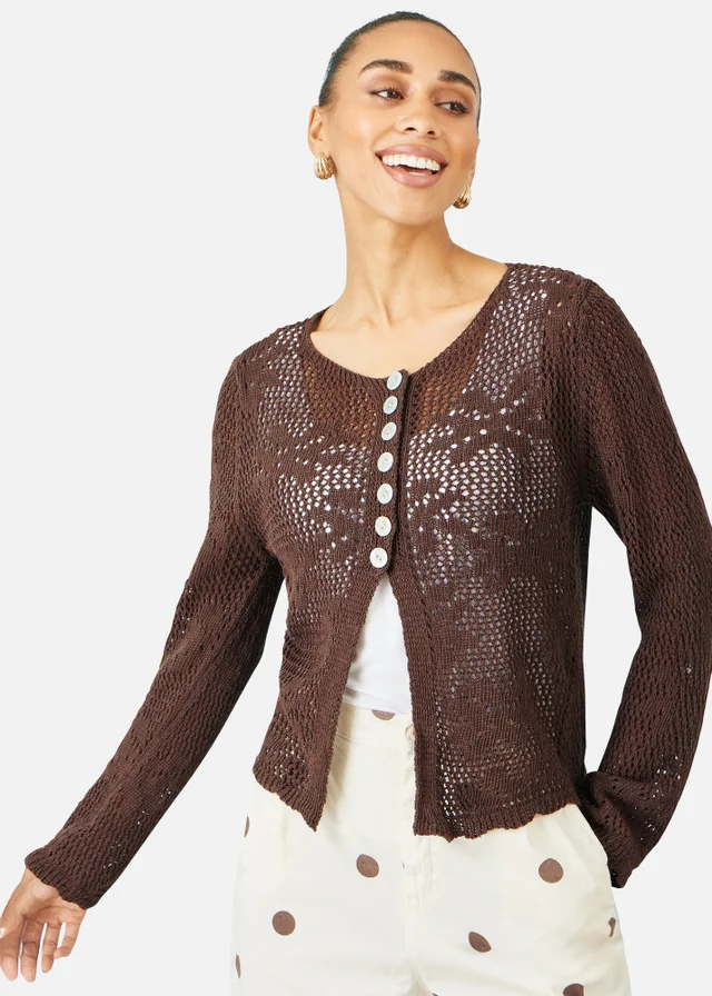 Yumi Brown Flower Crochet Button Up Cardigan